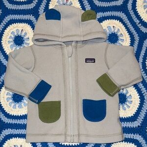 Patagonia Baby Gray Fleece Zip up with Blue and Green Pockets and Ears - 6-12 m